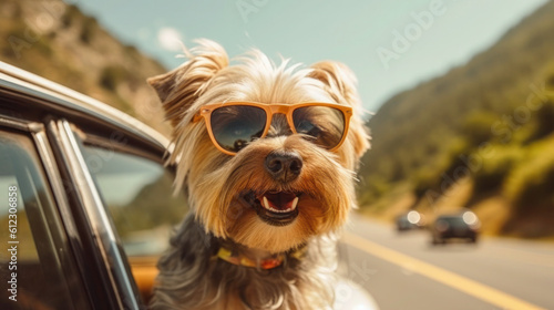 Yorkshire Terrier Doggy Sun Seeker: Funny Yorkshire Terrier Dog Peeks Out of Car Window with Shades and Leash - Generative AI © Bartek
