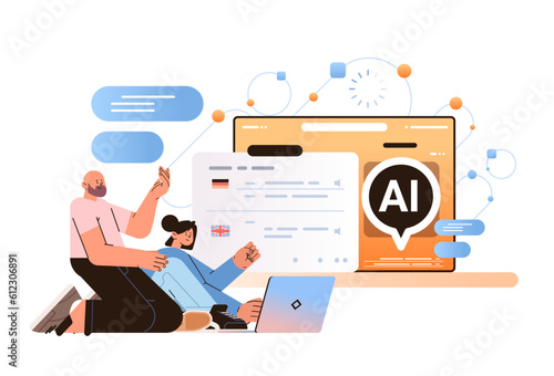 people using machine translation application with ai helper bot international communication artificial intelligence tech