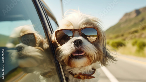 Joyful Journey: Cute Shih Tzu Dog with Shades and Leash on Summer Road Trip Adventure - Generative AI © Bartek