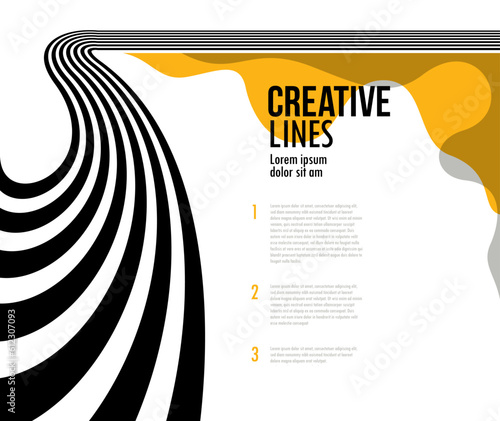 3D black and yellow lines in perspective abstract vector background, linear perspective illustration op art.