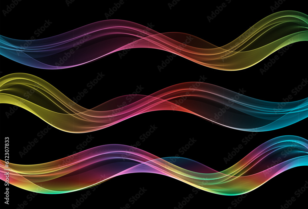 Abstract dynamic colorful smooth waves glow on black background.Waves set. Music vector elements, technology concept. Abstract dynamic colorful smooth waves glow on black background.Waves set. Music vector elements, technology concept.