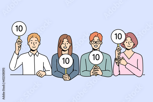 Diverse people sit at desk giving points to contestants. Smiling judges evaluate performance or competition. Vector illustration. 