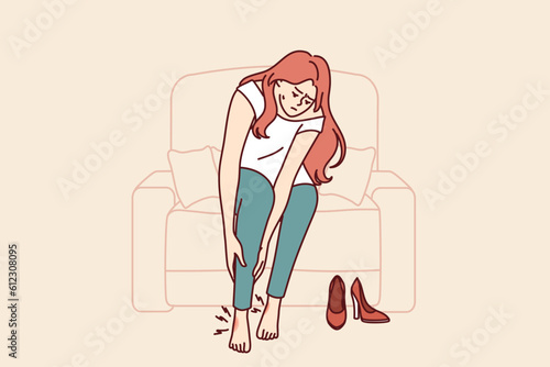 Woman suffers from pain in legs or varicose veins due to use of uncomfortable shoes with high heels. Girl with callus on feet is in pain after wearing shoes for long time at work or party