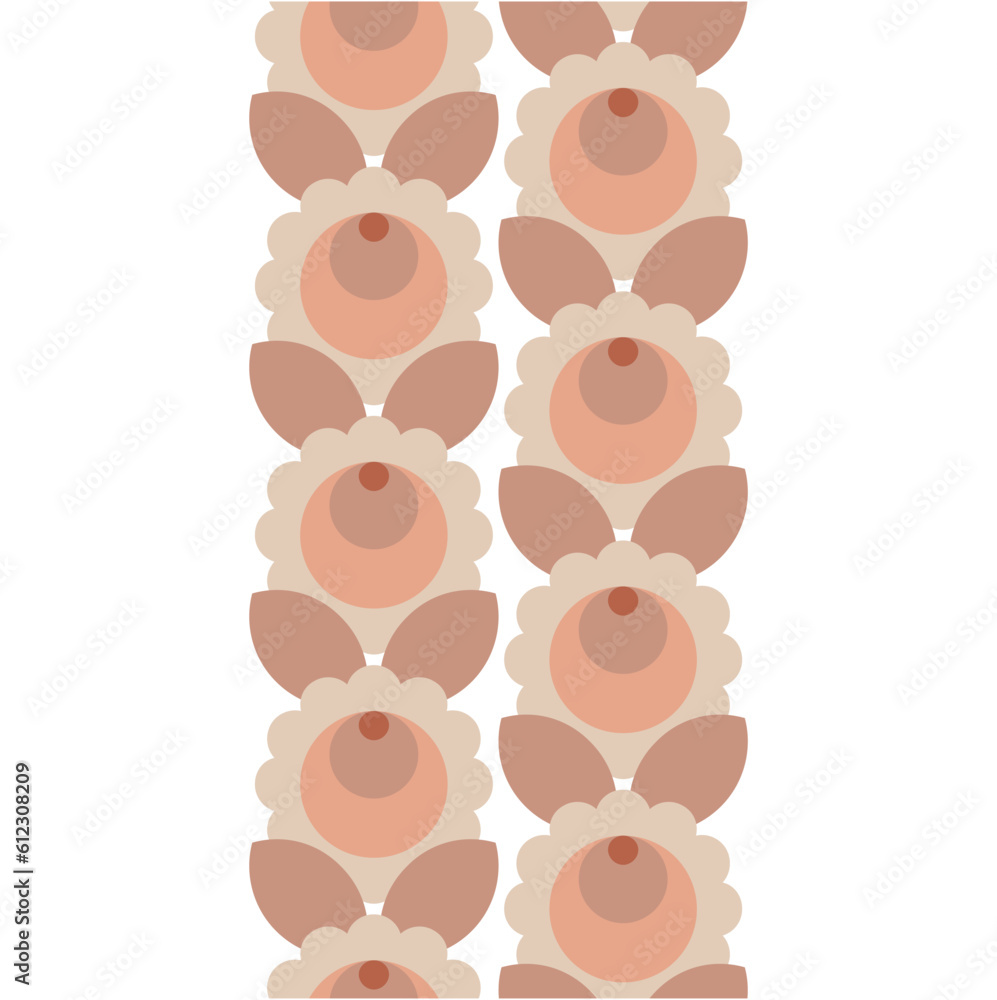 Hand drawn flower shapes with leaves. Abstract botanical elements in rows vector illustration. Colorful beige pink brown seamless vertical border on white background.