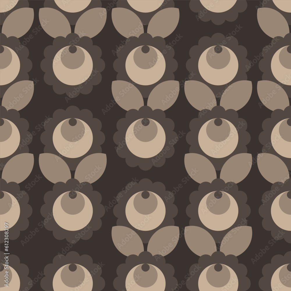 Hand drawn flower shapes with leaves. Abstract botanical elements in rows vector illustration. Colorful beige brown dark seamless pattern on dark background.