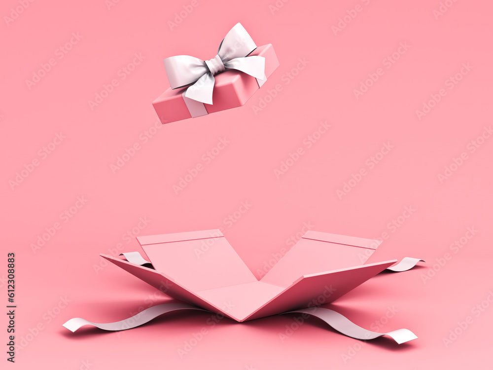 Blank open pink gift box or present box with white ribbon bow isolated ...