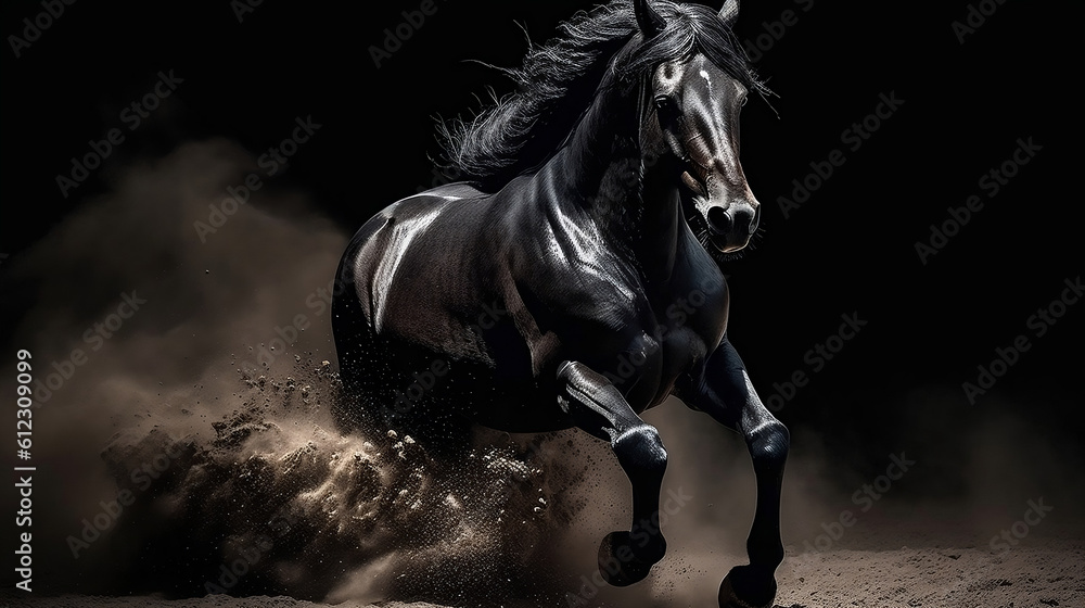 Galloping black stallion horse on dark dust background. Generative ai. Galloping black stallion horse on dark dust background. Generative ai.