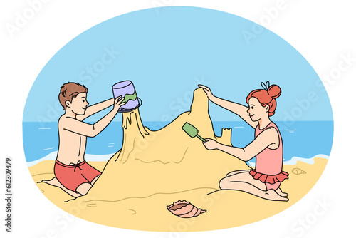 Happy children building sand castle on beach on summer holidays. Smiling little kids play with sandcastle enjoy summertime vacation on seacoast. Seaside fun concept. Vector illustration.