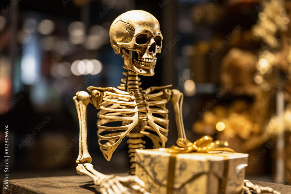 Skeleton with gift box, Halloween celebration, Generative AI