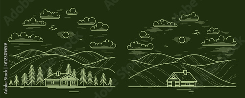 Cabin in grasslands and meadows with pine trees linear vector nature illustration on dark, log cabin cottage for rest, holidays and vacations theme line art drawing, woodhouse resort.