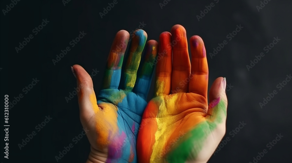 Gay pride concept. The hand is painted with a rainbow. Gay pride lgbt b ...