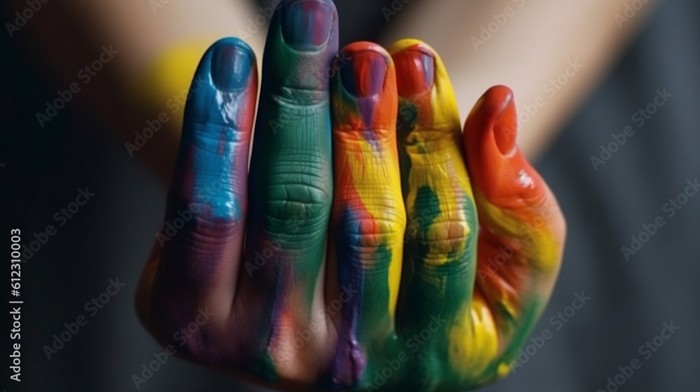 Gay pride concept. The hand is painted with a rainbow. Gay pride lgbt b ...