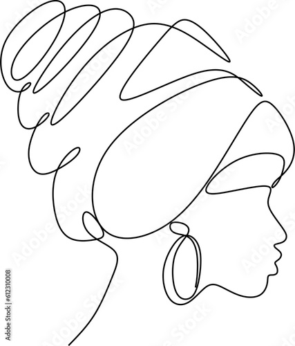 Girl in traditional ethnic headwear turban continuous line drawing, tattoo, print for clothes and logo design, t-shirt, african female silhouette single line on a white background, isolated vector.