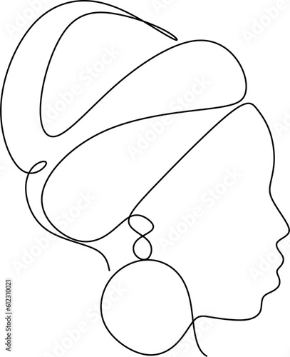 Girl in traditional ethnic headwear turban continuous line drawing, tattoo, print for clothes and logo design, t-shirt, african female silhouette single line on a white background, isolated vector.