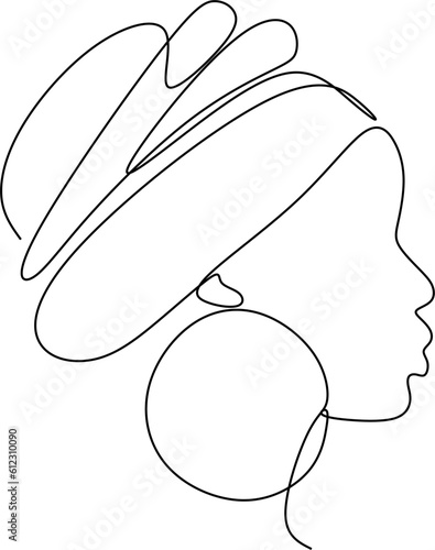 Fotografie, Obraz Girl in traditional ethnic headwear turban continuous line drawing, tattoo, print for clothes and logo design, t-shirt, african female silhouette single line on a white background, isolated vector
