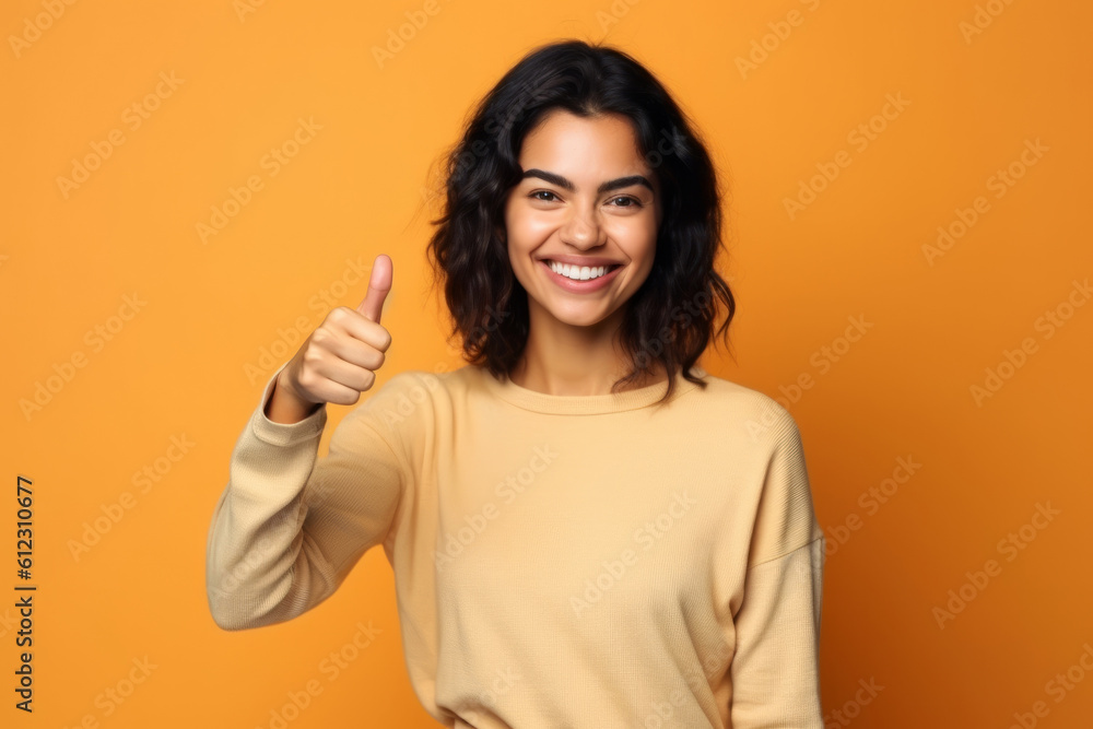 Studio portrait of a happy young woman with thumbs up positive hand gesture. Generative ai Studio portrait of a happy young woman with thumbs up positive hand gesture. Generative ai