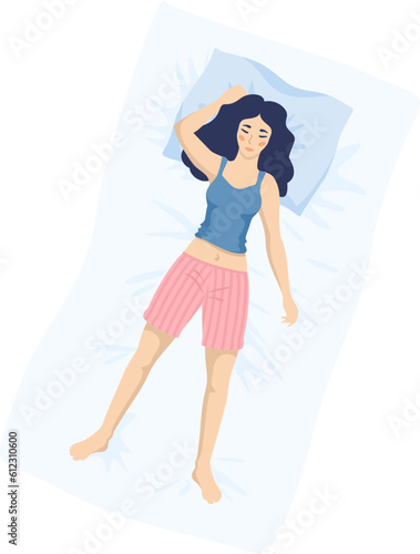 Young woman sleeping in the bed on the back in a free position. Cute girl resting after a working, school day. Vector illustration isolated on white background. Female character. Body position concept