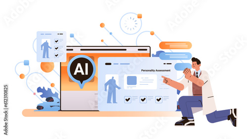 man giving check on checkbox in achievement list with ai helper bot personality assessment generation work improvement