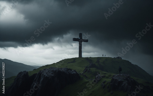 A hillside with a lone figure on a cross - AI
