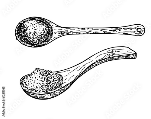 Wooden spoon with spices, salt, sugar, flour, cereals set. Large wooden spoon, vintage. Culinary vector sketch illustration. For recipes, cookbooks, illustrations hand drawing isolated on white.