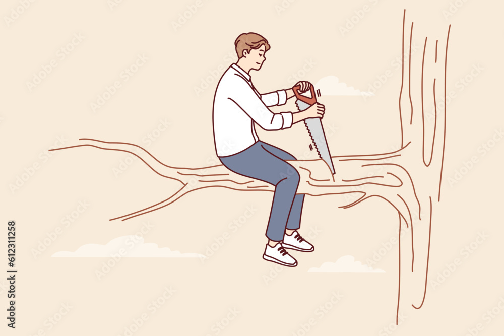 Ταπετσαρία Man saws tree branch on which sits, symbolizing popular proverb about stupidity and shortsightedness