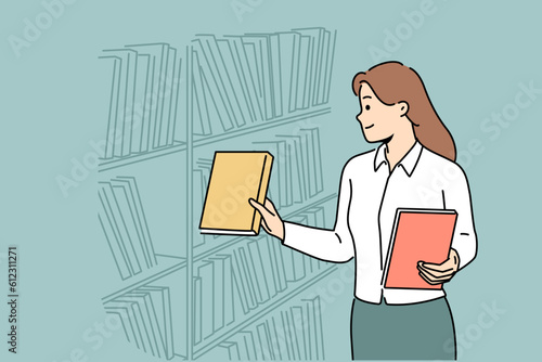 Female librarian put books on bookshelves. Woman working in library. Occupation and profession. Vector illustration.  photo