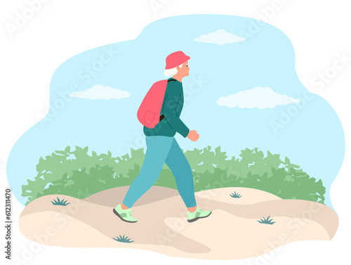 Elderly woman walking with backpack outdoors. Retired woman traveling actively. Hiking, trekking, healthy lifestyle, active ageing concept for banner, website design. Flat vector illustration.