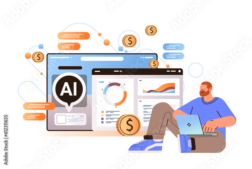 professional financial advisor giving advise in computer app with ai helper bot investment money management planning