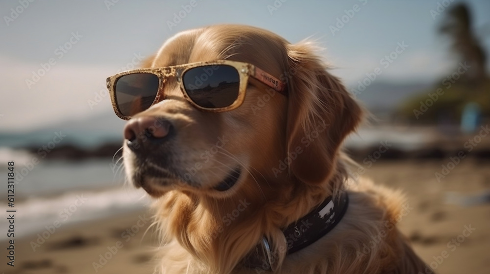 Golden Retriever dog is on summer vacation at seaside resort and relaxing rest on summer beach. Generative ai.