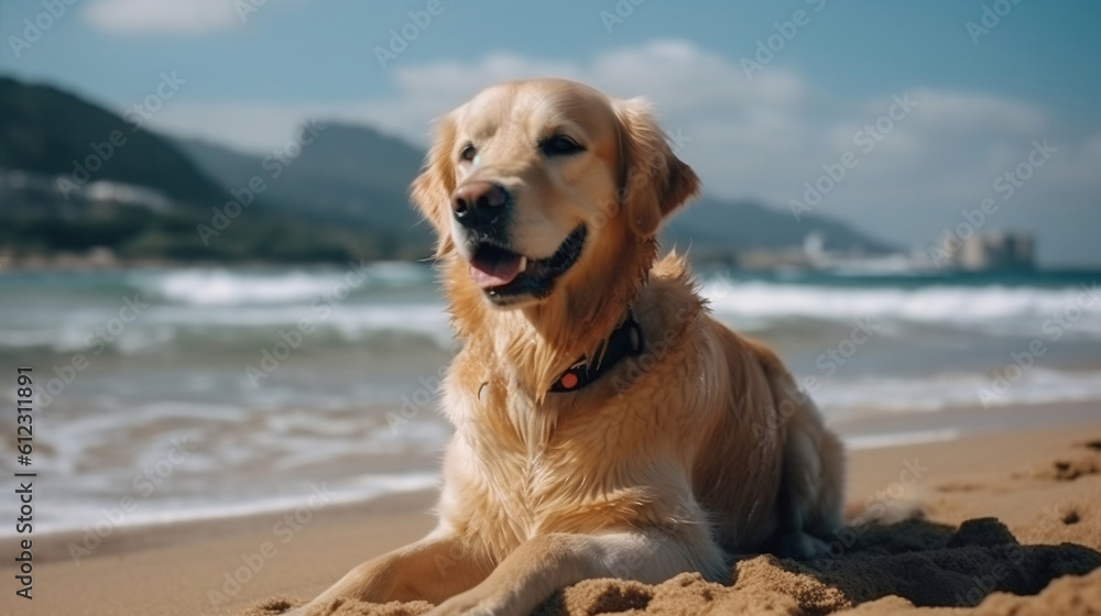 Golden Retriever dog is on summer vacation at seaside resort and relaxing rest on summer beach. Generative ai. Golden Retriever dog is on summer vacation at seaside resort and relaxing rest on summer beach. Generative ai.