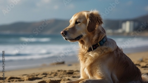 Golden Retriever dog is on summer vacation at seaside resort and relaxing rest on summer beach. Generative ai. © Aiakos