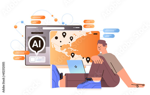 man traveler planning travel on world map in computer app with ai helper bot vacation travelling concept horizontal vector illustration