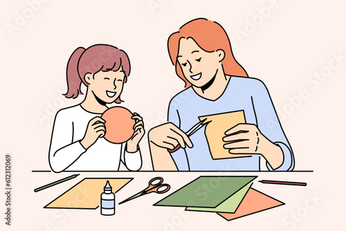 Smiling mother and daughter enjoy arts and crafts doing at home. Happy mom and child busy with paperwork and collages. Motherhood. Vector illustration. 