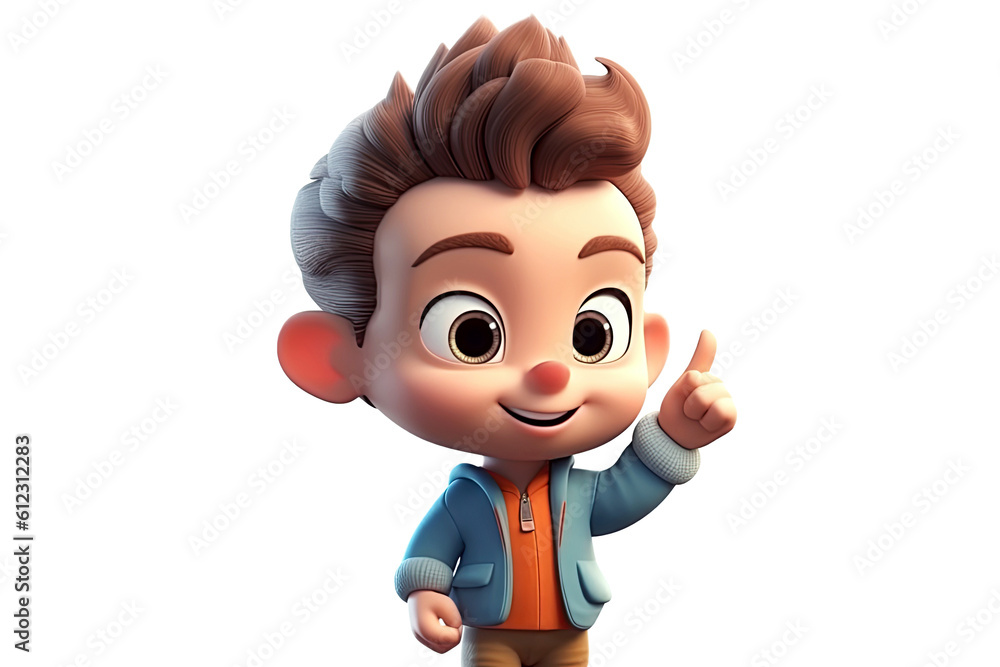 happy child boy schoolboy points finger on background. Isolate. Generative AI illustration