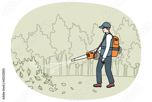 Male gardener in uniform collection leaves with handy vacuum. Man handyman working outdoors in autumn cleaning ground in garden on backyard. Flat vector illustration.