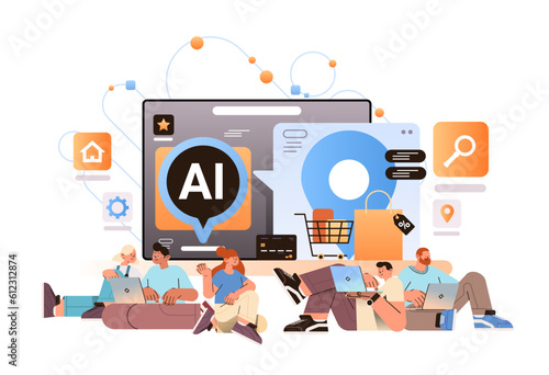 people buying things in computer app with ai shopping assistant helper bot e-commerce online shopping concept