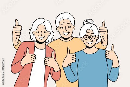 Overjoyed elderly people showing thumbs up enjoying maturity. Smiling old grandparents feeling optimistic and positive. Vector illustration. 