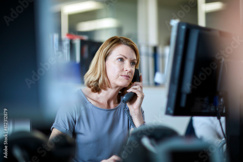 Businesswoman talking on telephone and working at computer photo