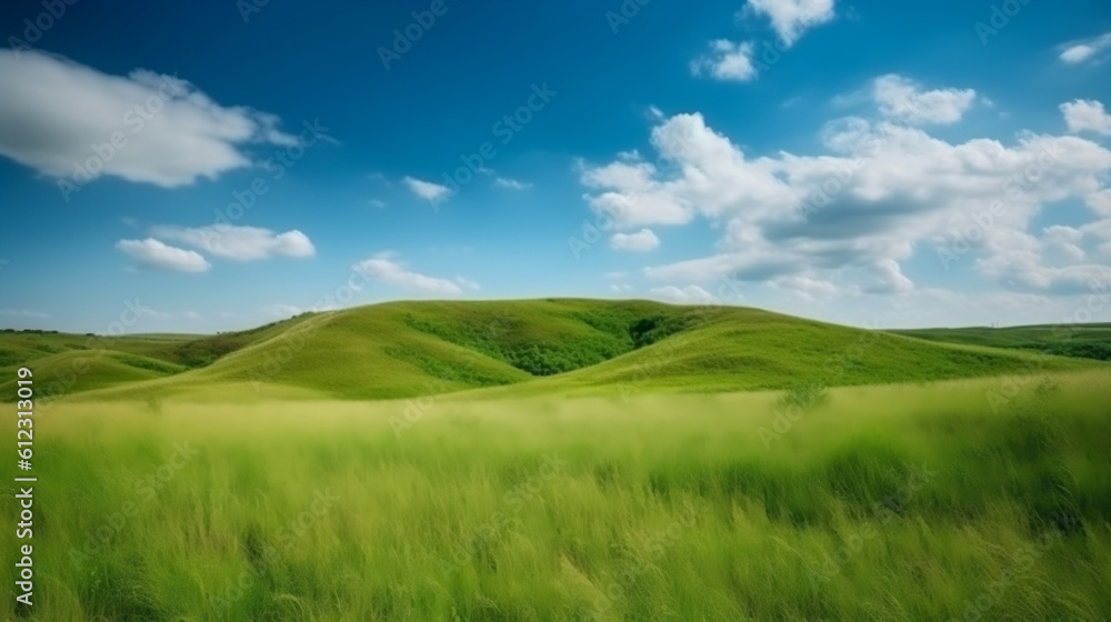 Green grass field on small hills and blue sky with clouds. Summer spring landscape background. Generative ai.