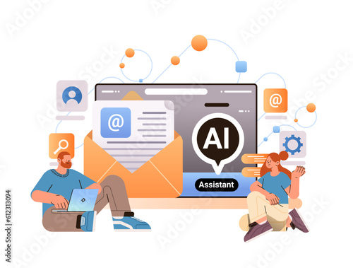 businesspeople using computer app with email assistant ai helper bot internet chatting feedback online form talk to customers