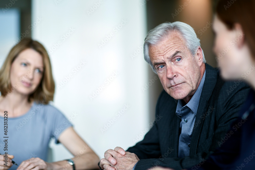 Obraz premium Serious senior businessman listening to businesswoman in meeting