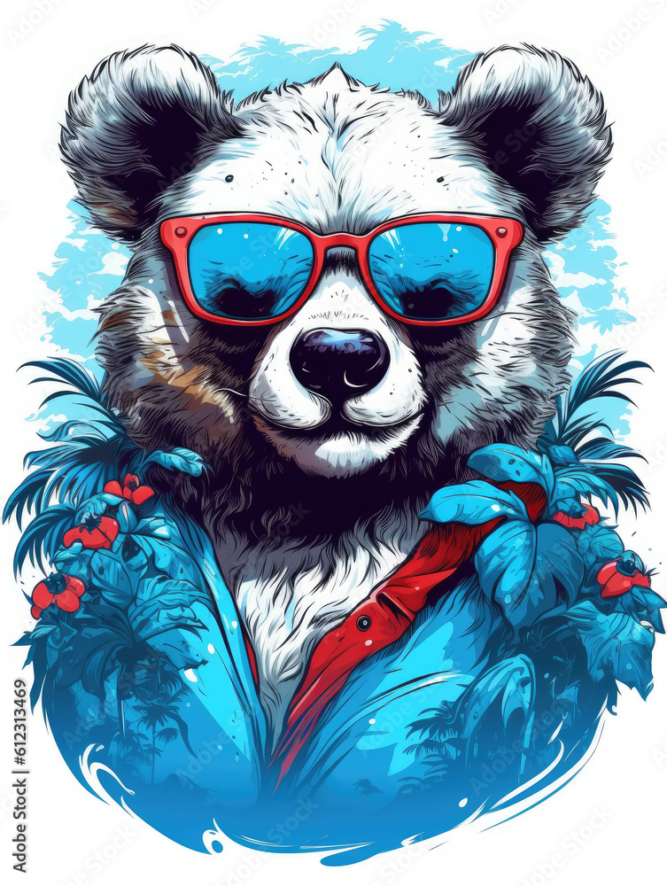 Vintage-style illustration of a panda in a bamboo forest Neon Rockstar panda with summer vibes