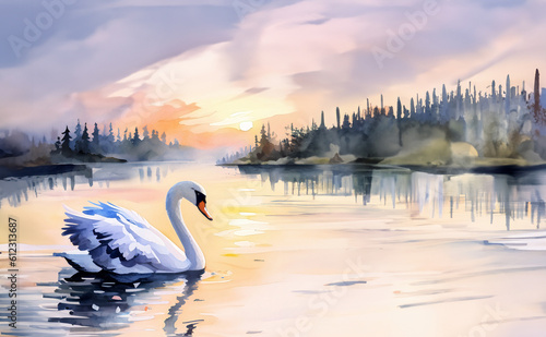 Fototapeta Naklejka Na Ścianę i Meble -  Watercolor animal template background swan with beautiful landscape, created with generative AI