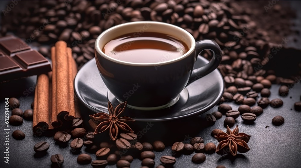 Cup of coffee with cinnamon sticks, chocolate and coffee beans, Generative AI Cup of coffee with cinnamon sticks, chocolate and coffee beans, Generative AI