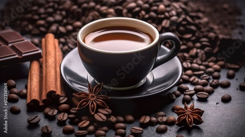 Cup of coffee with cinnamon sticks  chocolate and coffee beans  Generative AI