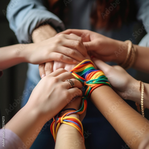 Hand of LGBT women holding together with rainbow ribbon symbol; concept of LGBT pride, LGBTQ people, lgbt rights campaign. Generative ai.