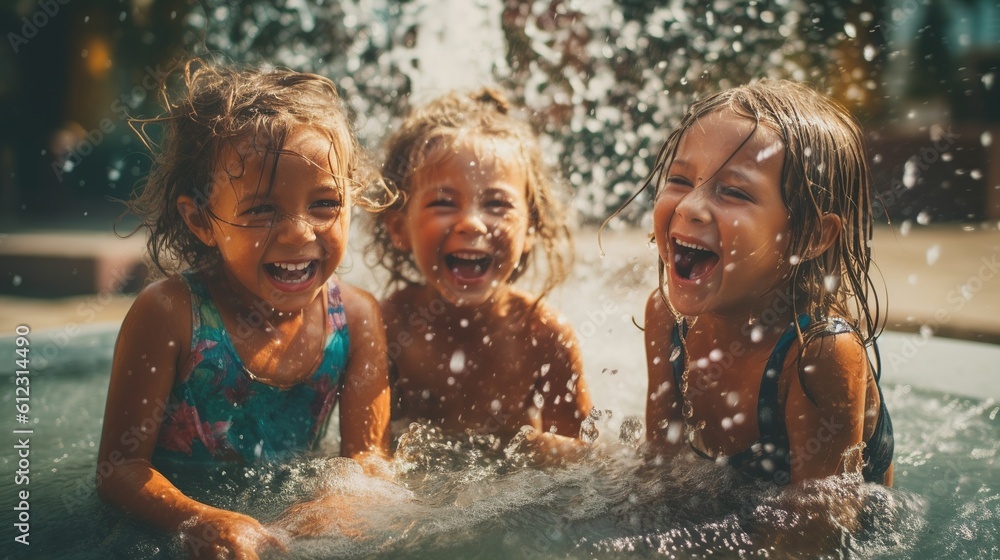 Children playing in a fountain on a hot summer day, Generative AI