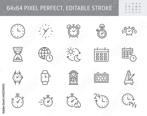 Time line icons. Vector illustration include icon - calendar, hourglass, wristwatch, schedule, stopwatch, fast, smart watch, deadline outline pictogram for clock. 64x64 Pixel Perfect, Editable Stroke