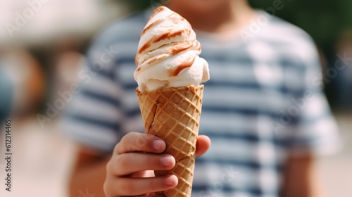 A boy holds in one hand a large cone with delicious cold ice cream in summer time. Generative AI