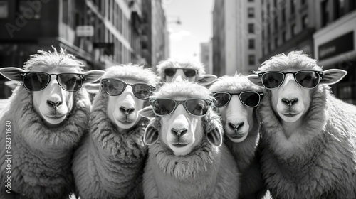 A group of sheep wearing sunglasses and walking in the city, Generative AI